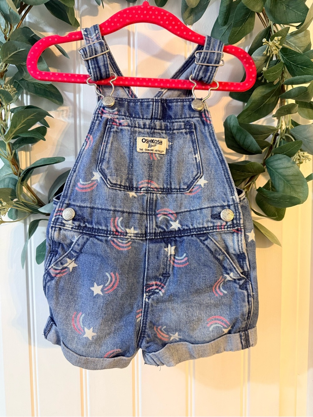 💫4/$25 • OshKosh B'gosh Blue Denim Shortalls with Stars & Rainbow Accents